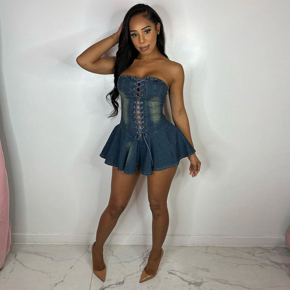 Sultry Chic Lace-Up Denim Mini Dress