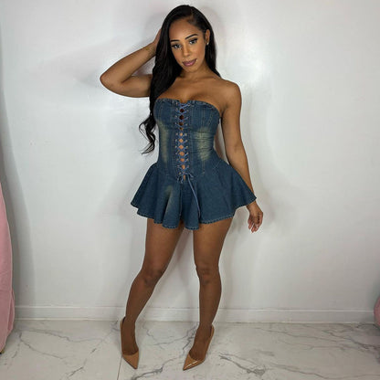 Sultry Chic Lace-Up Denim Mini Dress