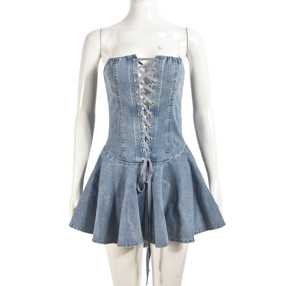 Sultry Chic Lace-Up Denim Mini Dress