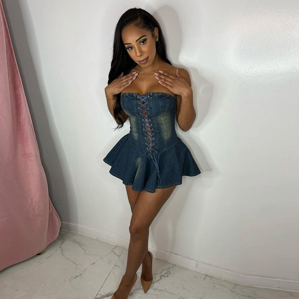 Sultry Chic Lace-Up Denim Mini Dress