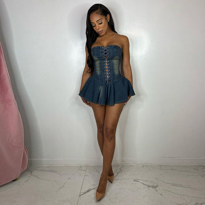 Sultry Chic Lace-Up Denim Mini Dress
