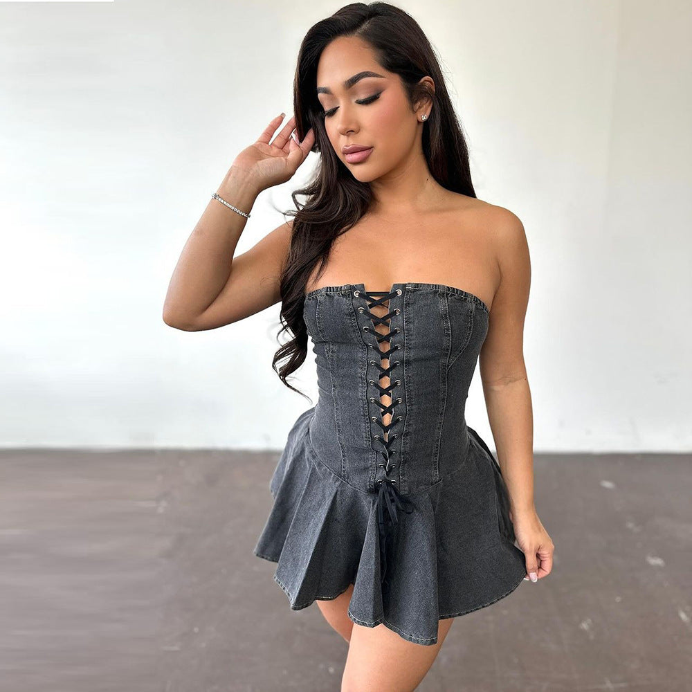 Sultry Chic Lace-Up Denim Mini Dress